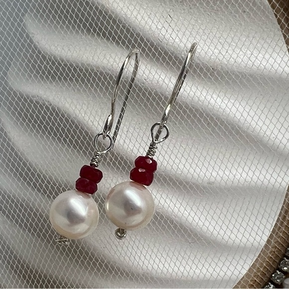 ARTISAN Ruby & Freshwater Pearl Sterling Silver Earrings - Picture 7 of 12